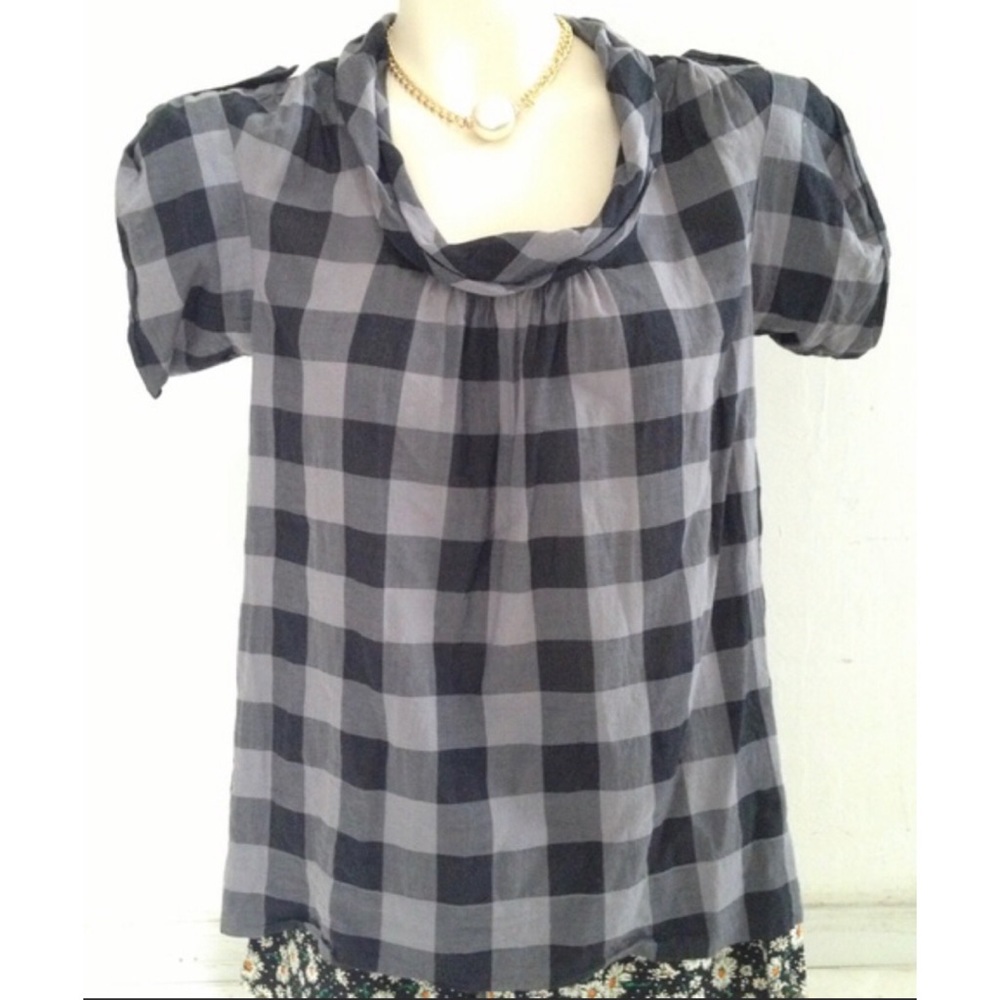 EUC Calvin Klein Black & Gray Roll-Collar Plaid/Gingham/Check Top - XS